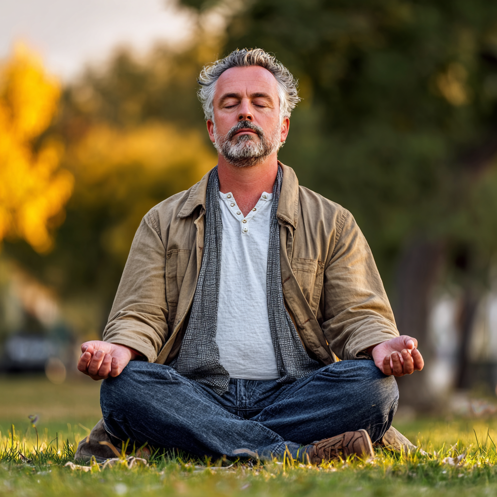 Middle-aged adult in peaceful meditation pose outdoors